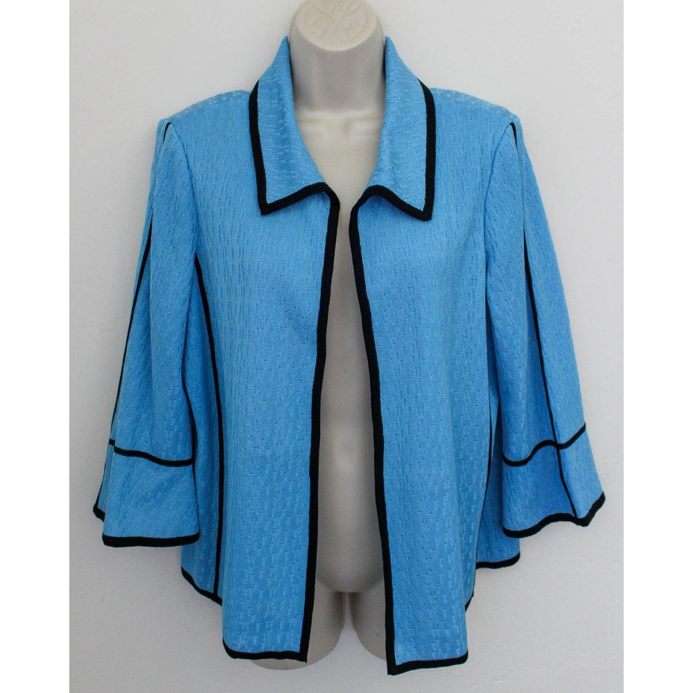 Ming Wang Cardigan Jacket Medium Blue Black Textured Knit Open Front Blazer